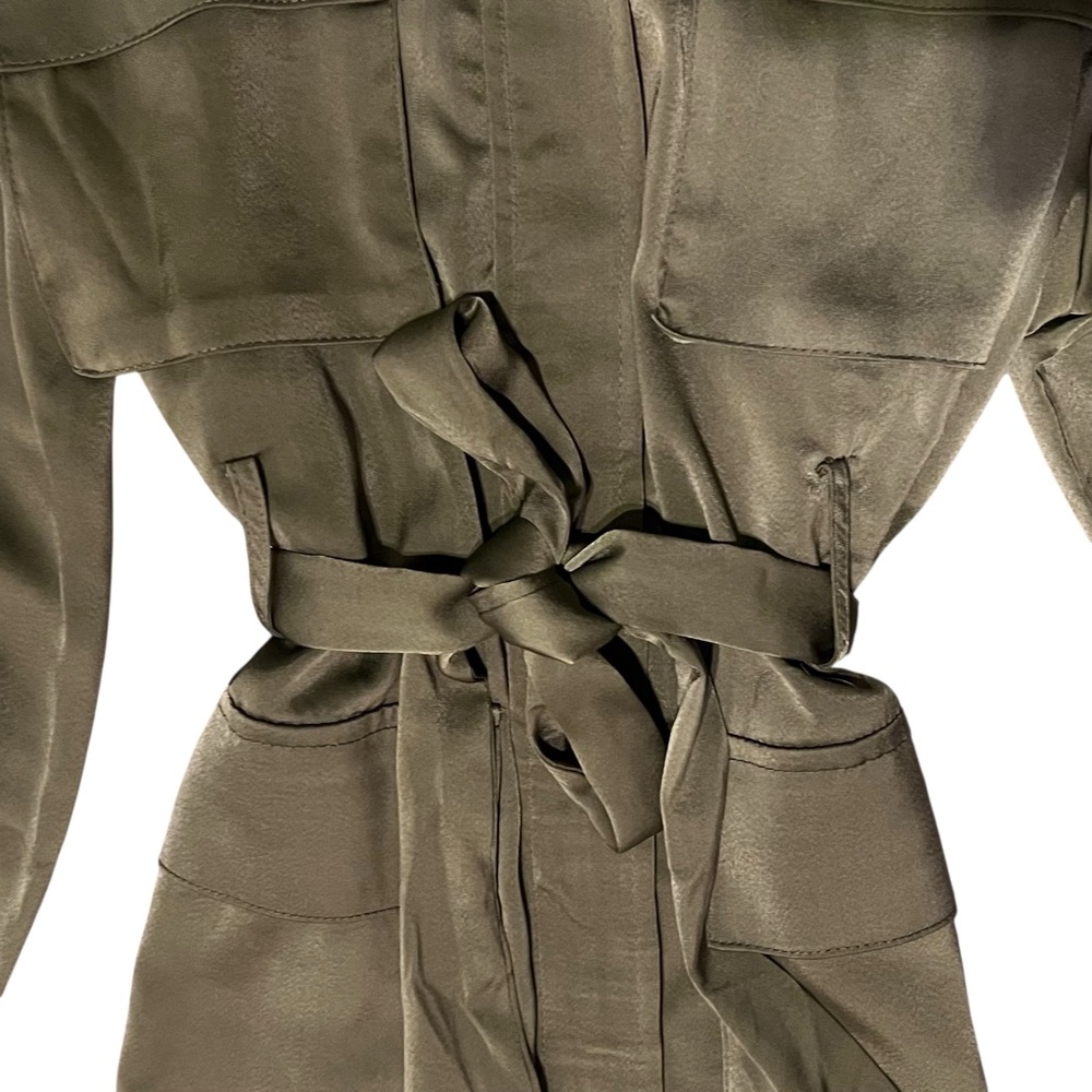 Olive Green Satin Long Sleeve Zip Tie Dress Size Small - Picture 3 of 8